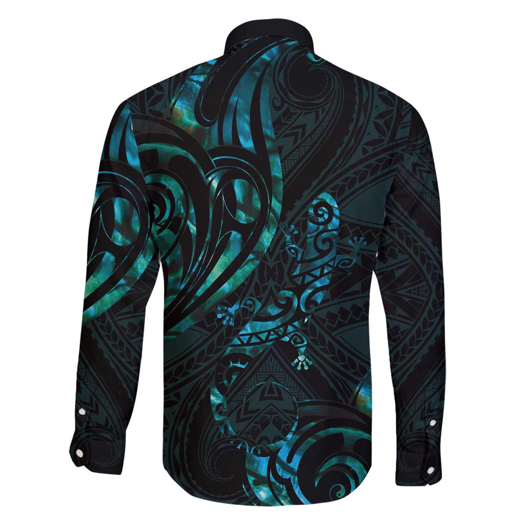 New Zealand Skink Family Matching Long Sleeve Bodycon Dress and Hawaiian Shirt Aotearoa Maori Mix Paua Shell