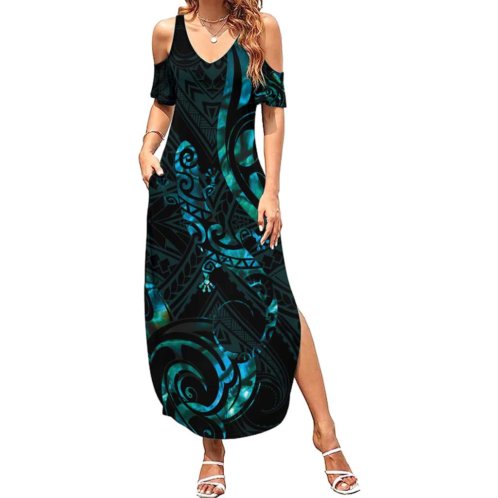 New Zealand Skink Family Matching Summer Maxi Dress and Hawaiian Shirt Aotearoa Maori Mix Paua Shell