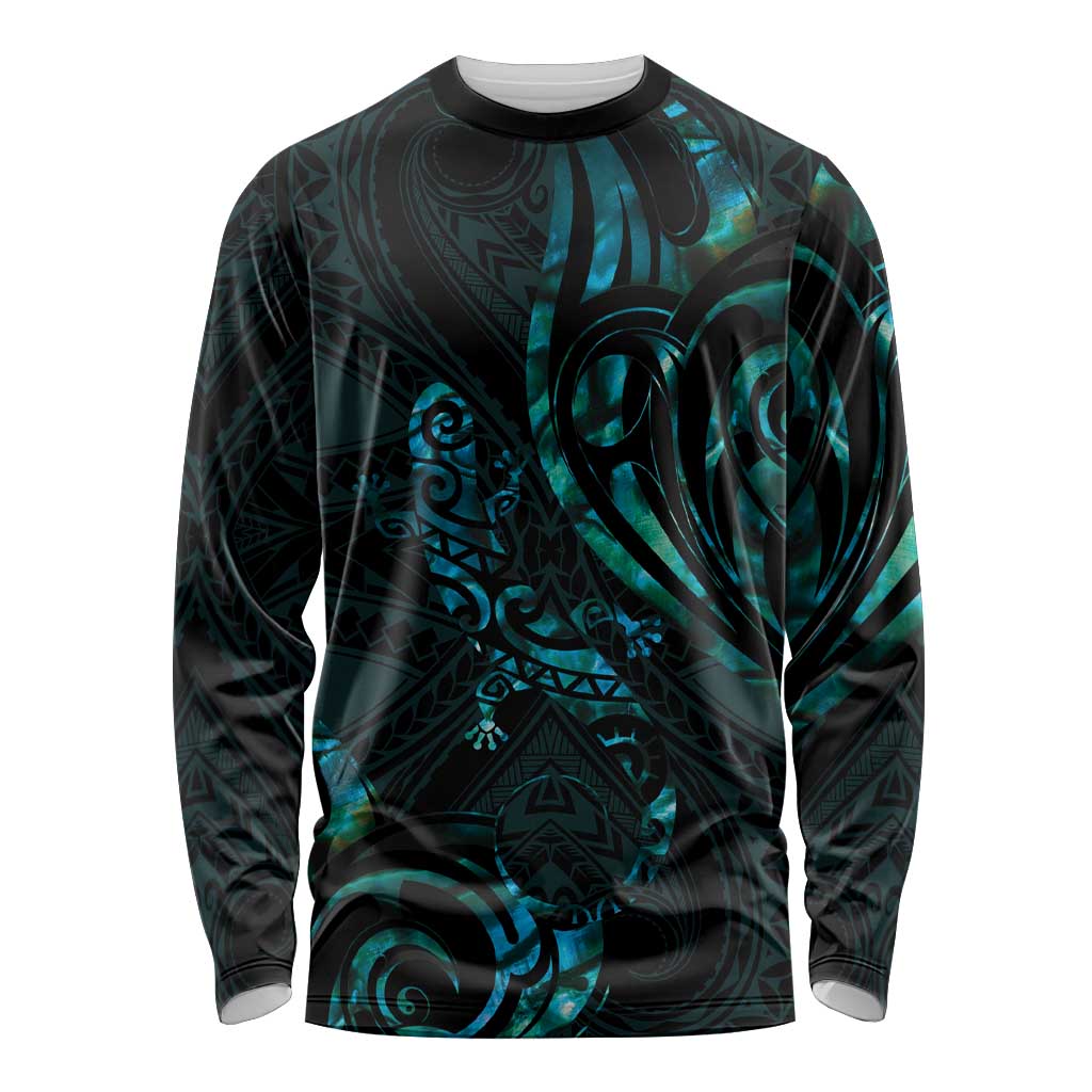 New Zealand Skink Long Sleeve Shirt Aotearoa Maori Mix Paua Shell LT14 Unisex Blue - Polynesian Pride