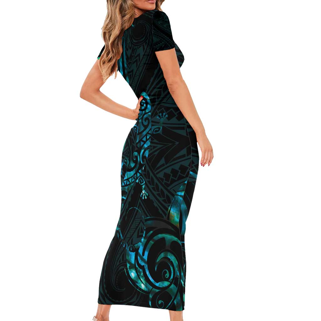 New Zealand Skink Short Sleeve Bodycon Dress Aotearoa Maori Mix Paua Shell LT14 - Polynesian Pride