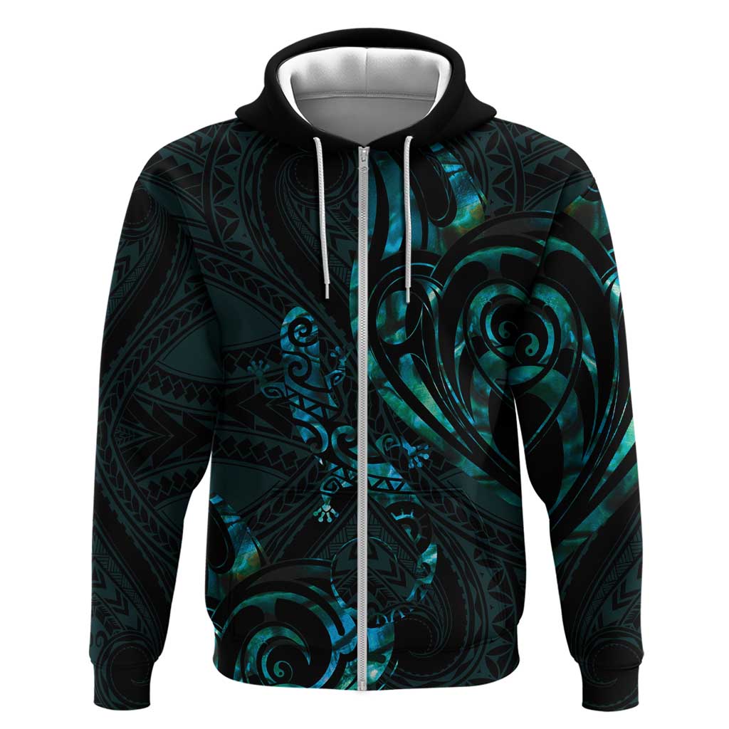 New Zealand Skink Zip Hoodie Aotearoa Maori Mix Paua Shell LT14 Zip Hoodie Blue - Polynesian Pride