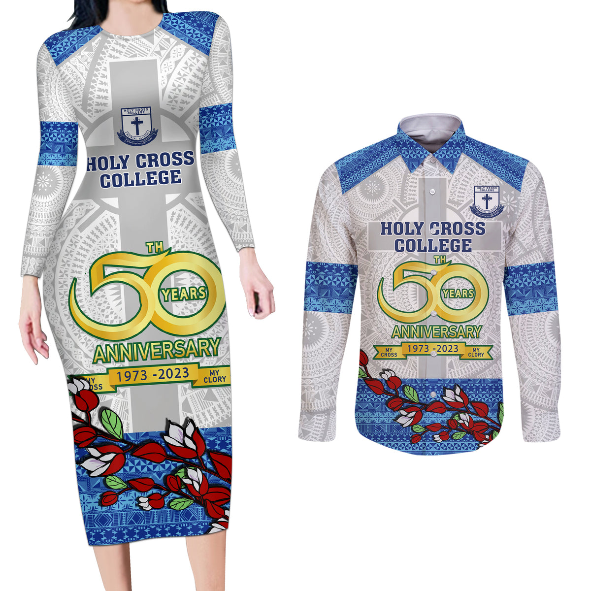 fiji-holy-cross-college-couples-matching-long-sleeve-bodycon-dress-and-long-sleeve-button-shirts-happy-50th-anniversary-fijian-tagimoucia-tapa-pattern