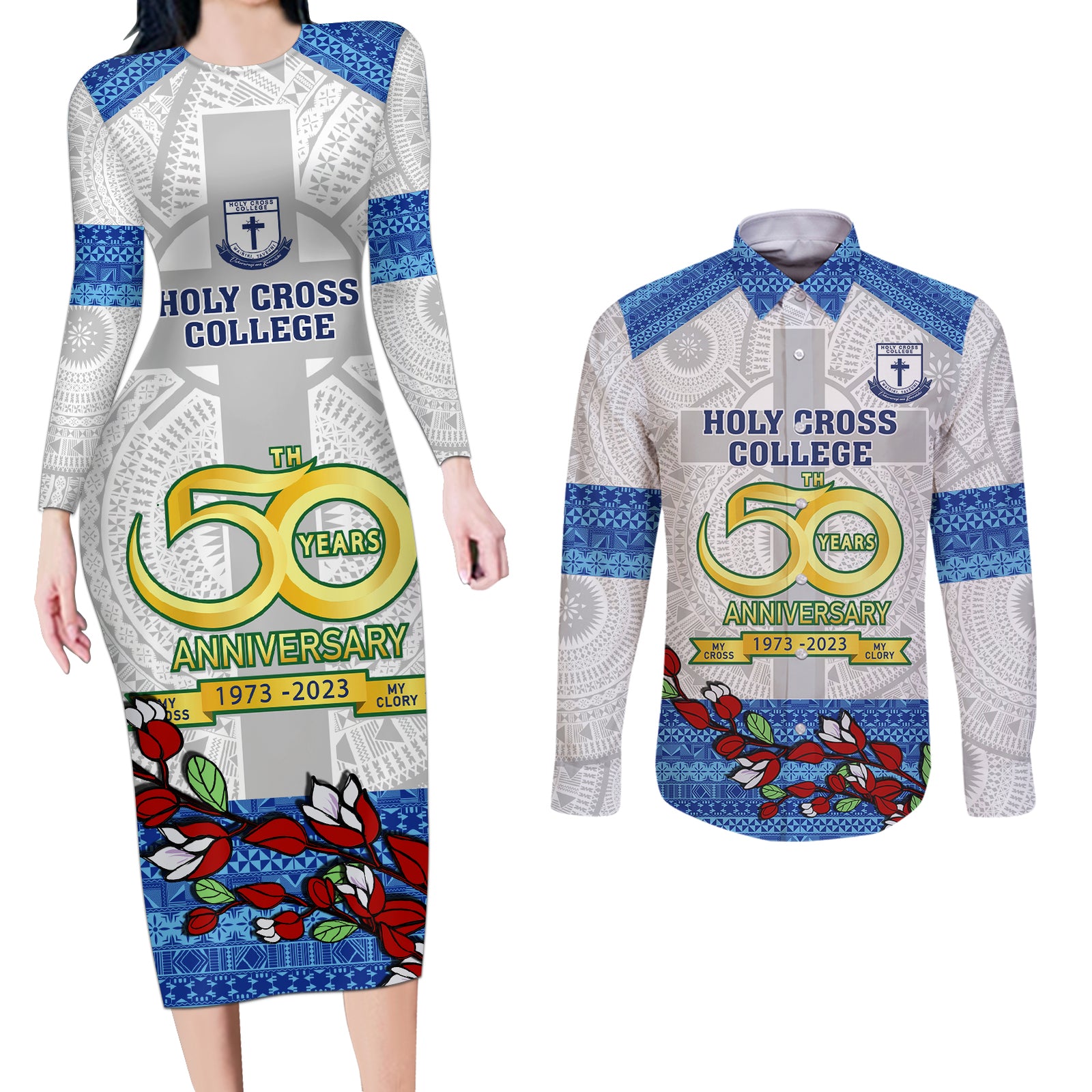 Fiji Holy Cross College Couples Matching Long Sleeve Bodycon Dress and Long Sleeve Button Shirts Happy 50th Anniversary Fijian Tagimoucia Tapa Pattern LT14 White - Polynesian Pride