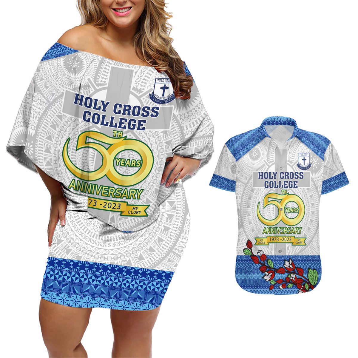 Fiji Holy Cross College Couples Matching Off Shoulder Short Dress and Hawaiian Shirt Happy 50th Anniversary Fijian Tagimoucia Tapa Pattern LT14 White - Polynesian Pride