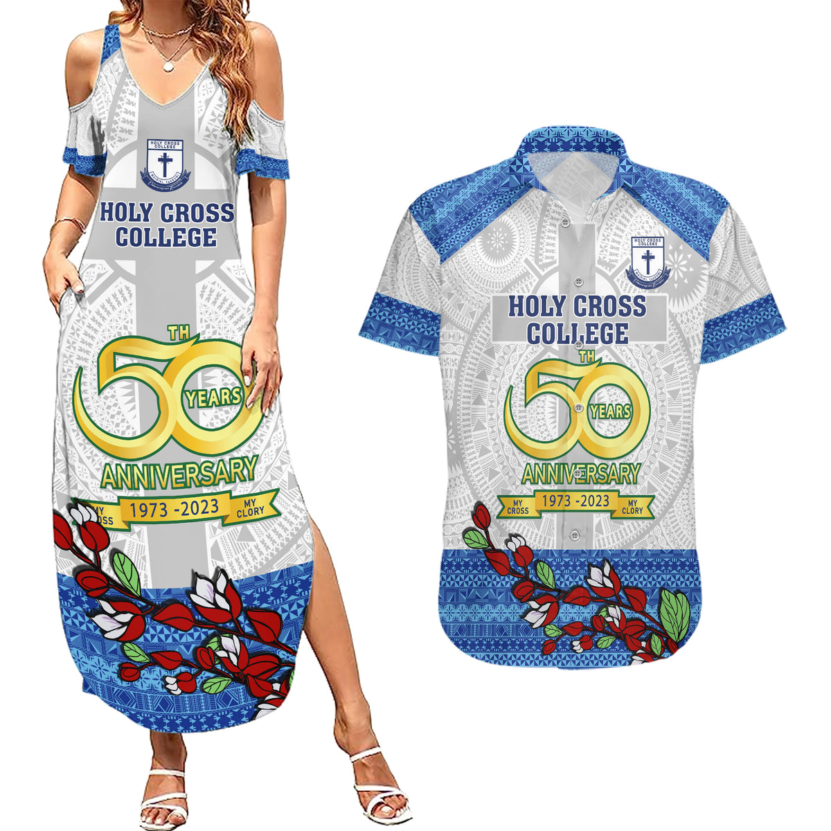fiji-holy-cross-college-couples-matching-summer-maxi-dress-and-hawaiian-shirt-happy-50th-anniversary-fijian-tagimoucia-tapa-pattern