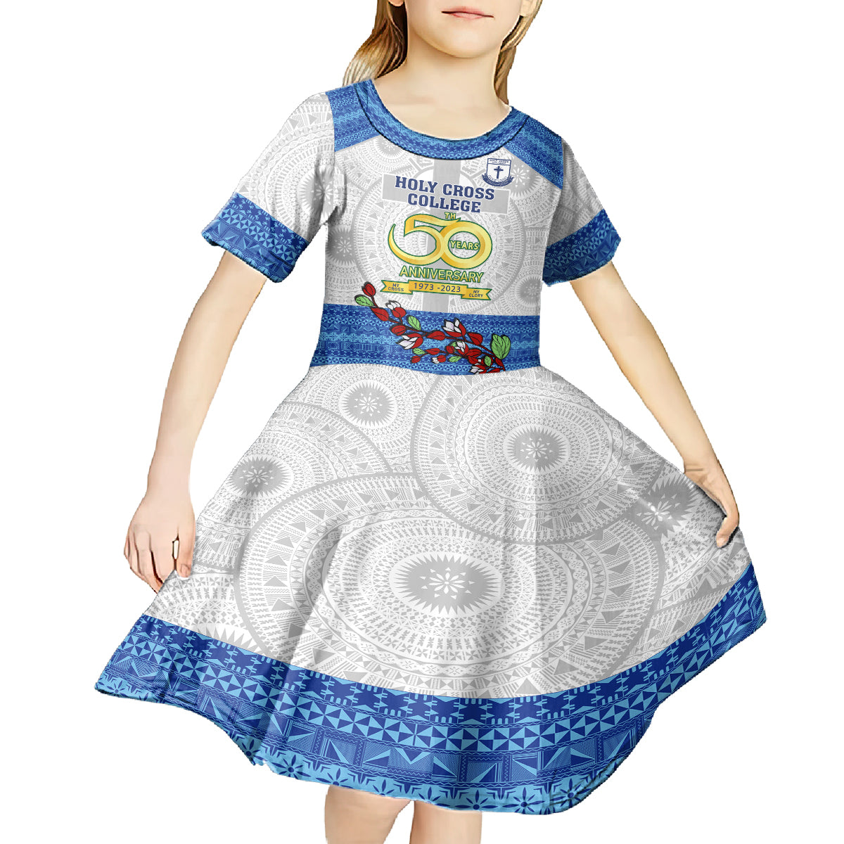 fiji-holy-cross-college-kid-short-sleeve-dress-happy-50th-anniversary-fijian-tagimoucia-tapa-pattern