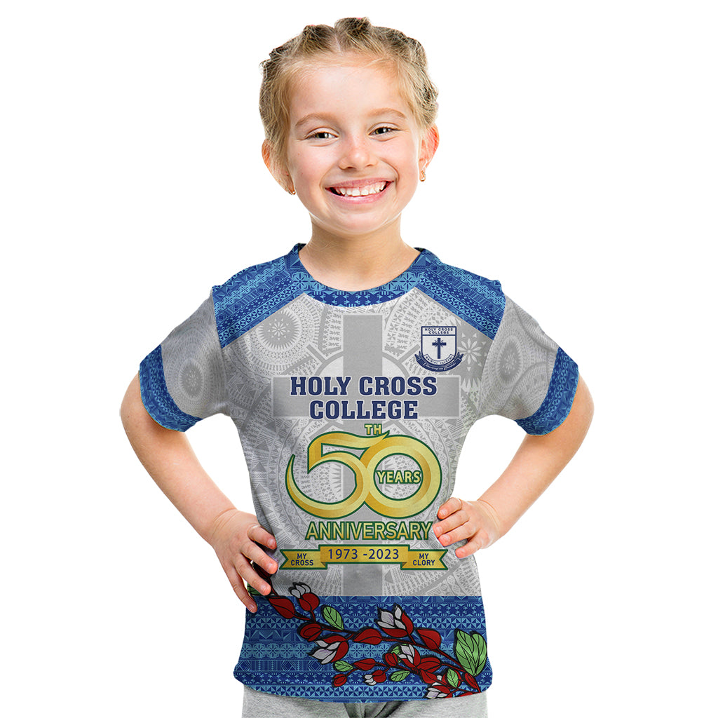 Fiji Holy Cross College Kid T Shirt Happy 50th Anniversary Fijian Tagimoucia Tapa Pattern LT14 White - Polynesian Pride