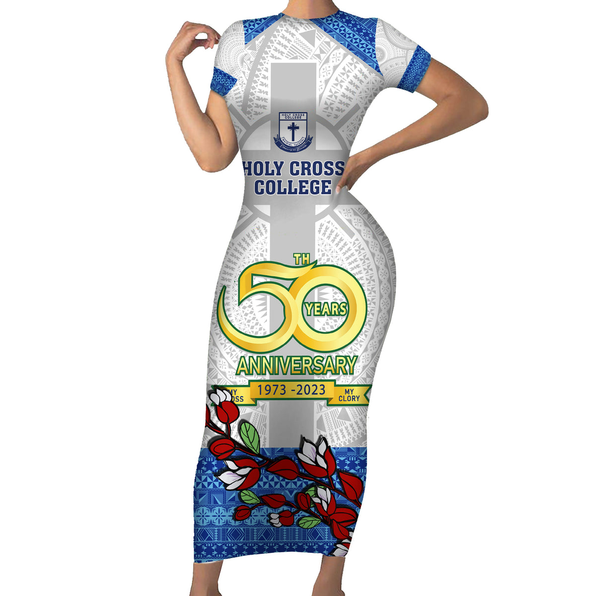 fiji-holy-cross-college-short-sleeve-bodycon-dress-happy-50th-anniversary-fijian-tagimoucia-tapa-pattern