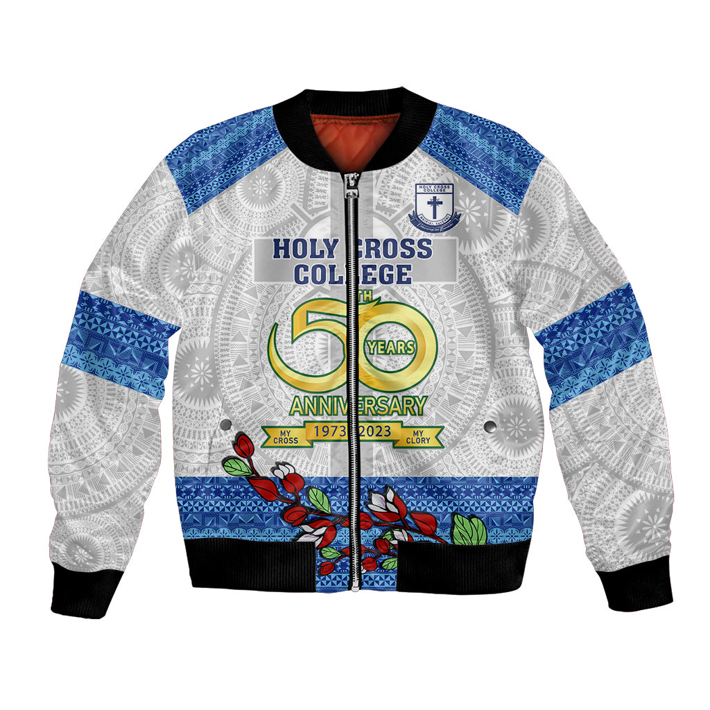 Personalised Fiji Holy Cross College Bomber Jacket Happy 50th Anniversary Fijian Tagimoucia Tapa Pattern LT14 Unisex White - Polynesian Pride