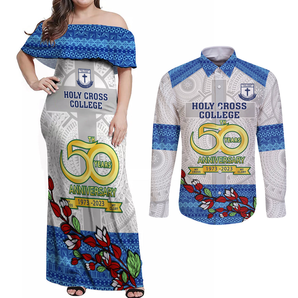 Personalised Fiji Holy Cross College Couples Matching Off Shoulder Maxi Dress and Long Sleeve Button Shirts Happy 50th Anniversary Fijian Tagimoucia Tapa Pattern LT14 White - Polynesian Pride