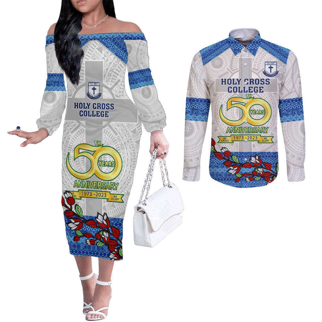 Personalised Fiji Holy Cross College Couples Matching Off The Shoulder Long Sleeve Dress and Long Sleeve Button Shirts Happy 50th Anniversary Fijian Tagimoucia Tapa Pattern LT14 White - Polynesian Pride