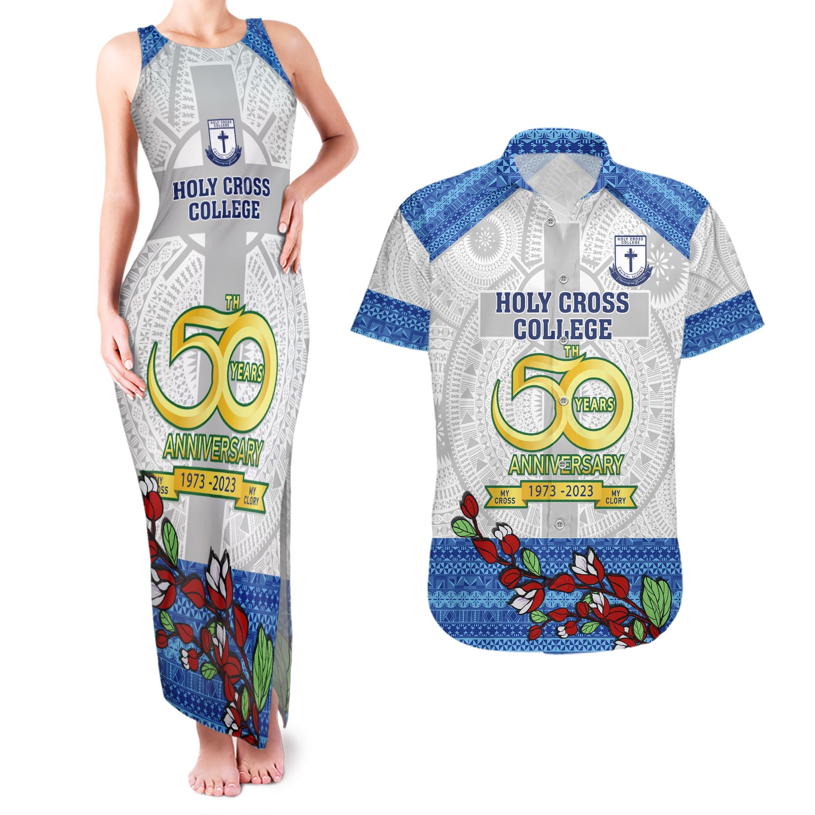 Personalised Fiji Holy Cross College Couples Matching Tank Maxi Dress and Hawaiian Shirt Happy 50th Anniversary Fijian Tagimoucia Tapa Pattern LT14 White - Polynesian Pride