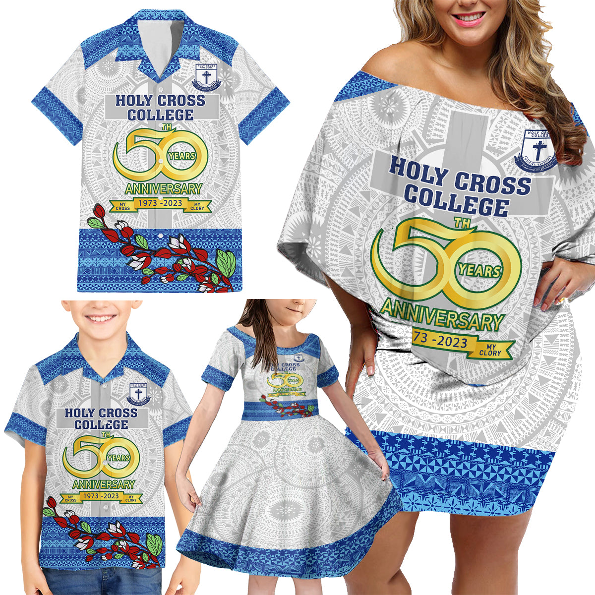 Personalised Fiji Holy Cross College Family Matching Off Shoulder Short Dress and Hawaiian Shirt Happy 50th Anniversary Fijian Tagimoucia Tapa Pattern LT14 - Polynesian Pride