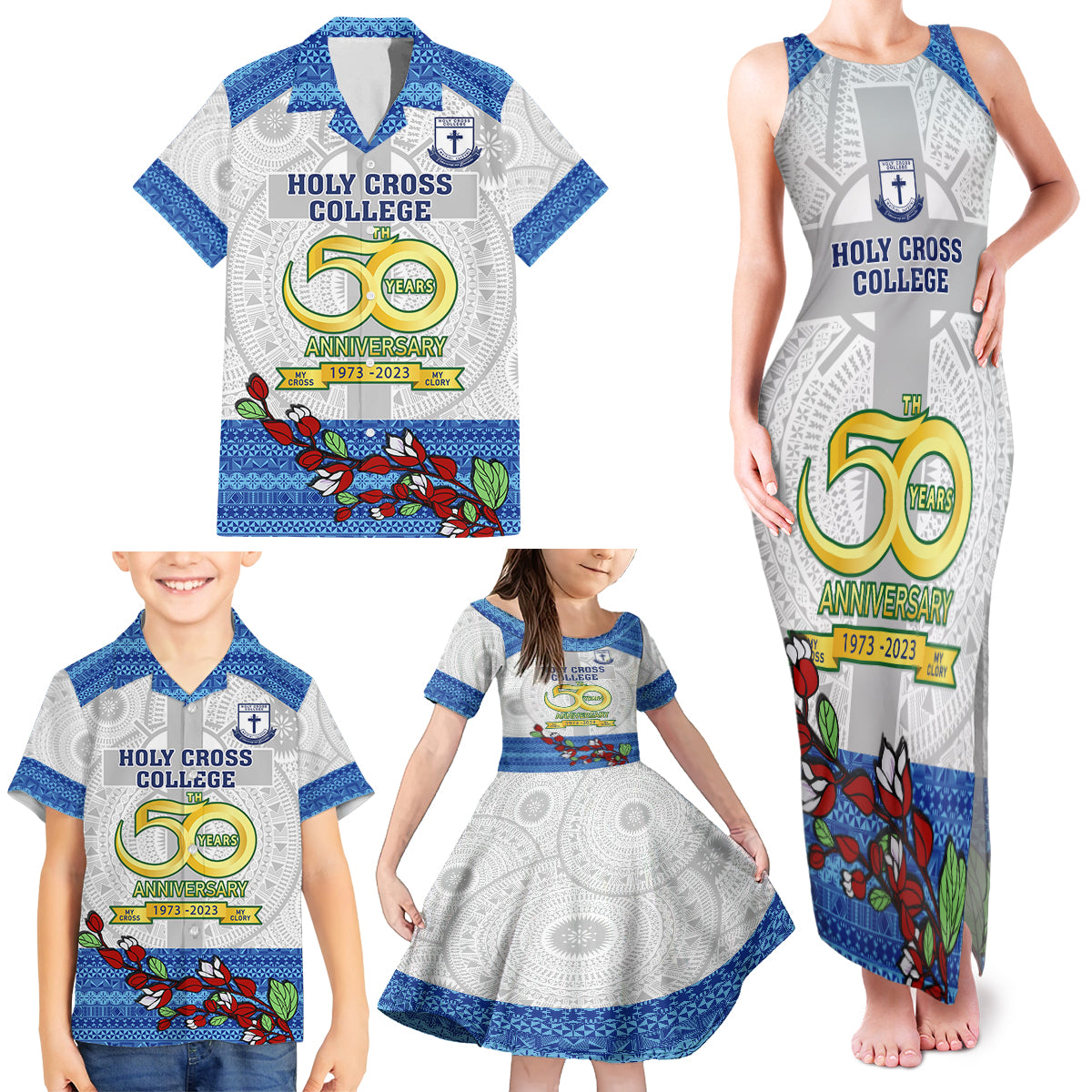 Personalised Fiji Holy Cross College Family Matching Tank Maxi Dress and Hawaiian Shirt Happy 50th Anniversary Fijian Tagimoucia Tapa Pattern LT14 - Polynesian Pride