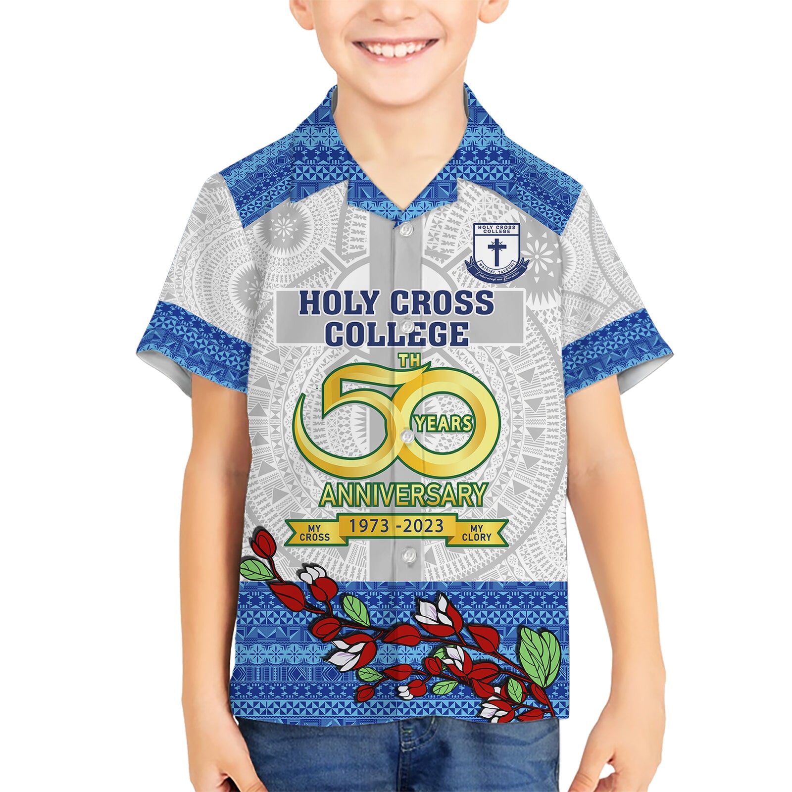 Personalised Fiji Holy Cross College Kid Hawaiian Shirt Happy 50th Anniversary Fijian Tagimoucia Tapa Pattern LT14 Kid White - Polynesian Pride