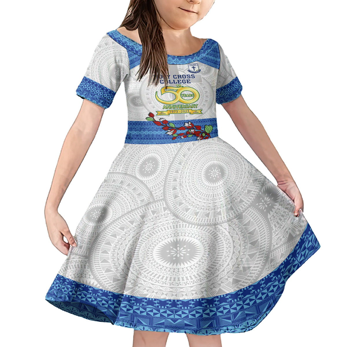 personalised-fiji-holy-cross-college-kid-short-sleeve-dress-happy-50th-anniversary-fijian-tagimoucia-tapa-pattern
