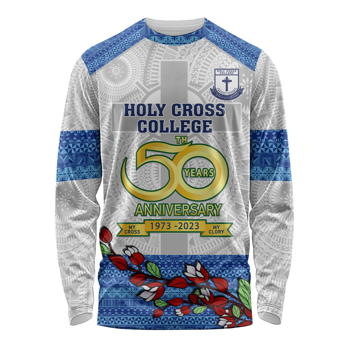 Personalised Fiji Holy Cross College Long Sleeve Shirt Happy 50th Anniversary Fijian Tagimoucia Tapa Pattern LT14 Unisex White - Polynesian Pride