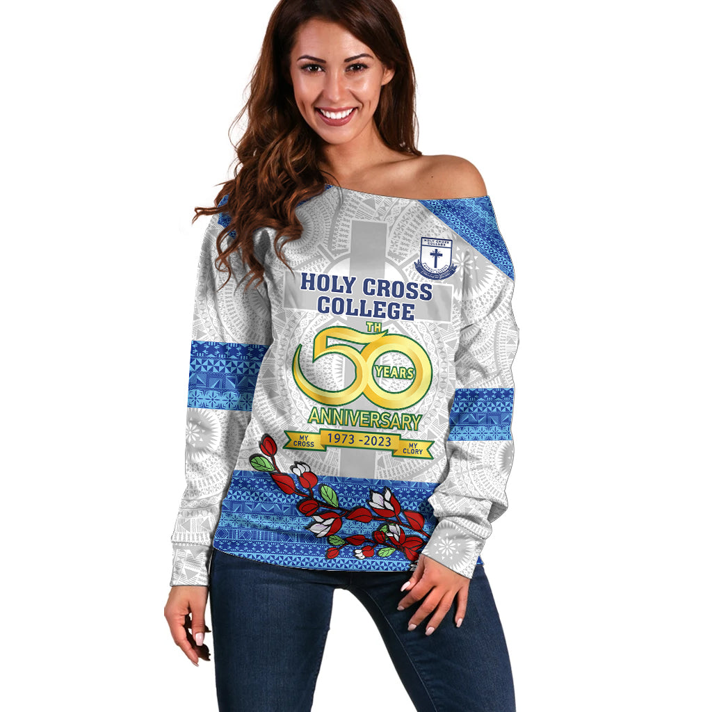 Personalised Fiji Holy Cross College Off Shoulder Sweater Happy 50th Anniversary Fijian Tagimoucia Tapa Pattern LT14 Women White - Polynesian Pride