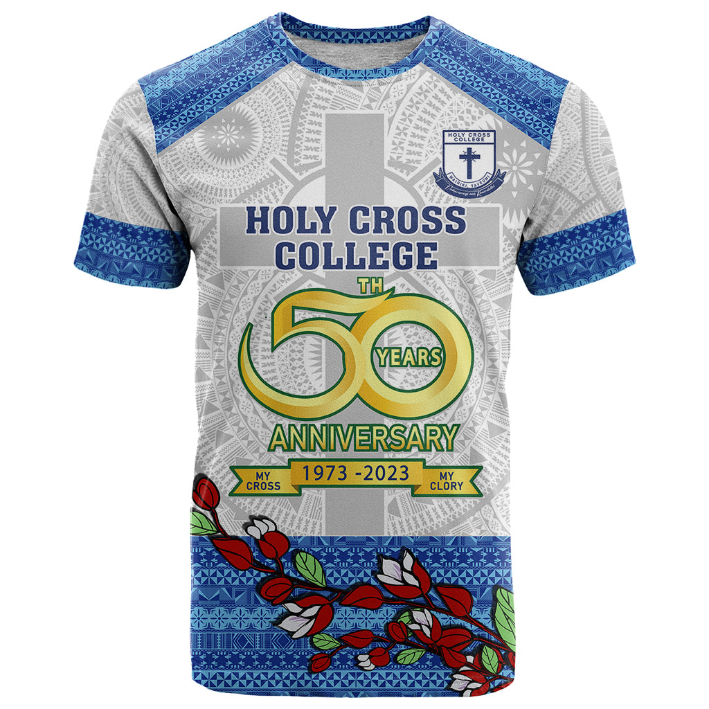 Personalised Fiji Holy Cross College T Shirt Happy 50th Anniversary Fijian Tagimoucia Tapa Pattern LT14 White - Polynesian Pride
