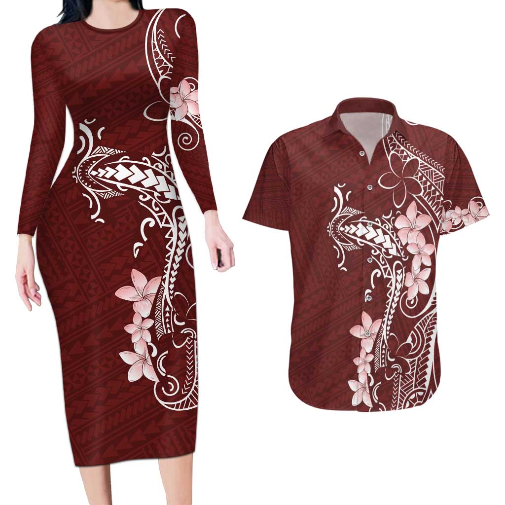 Oxblood Hawaii Couples Matching Long Sleeve Bodycon Dress and Hawaiian Shirt Hammerhead Shark Tattoo Curve Polynesian - Polynesian Pride