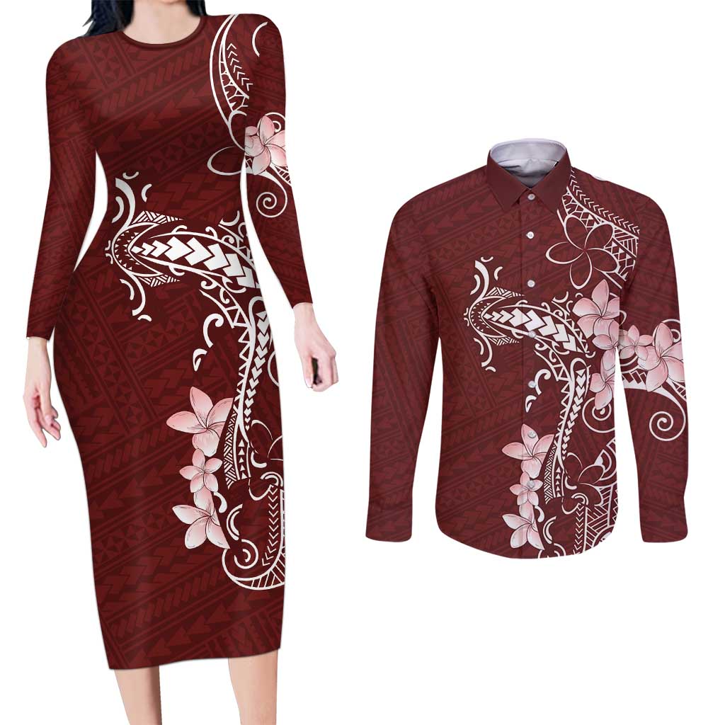 Oxblood Hawaii Couples Matching Long Sleeve Bodycon Dress and Long Sleeve Button Shirt Hammerhead Shark Tattoo Curve Polynesian - Polynesian Pride