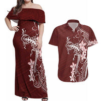 Oxblood Hawaii Couples Matching Off Shoulder Maxi Dress and Hawaiian Shirt Hammerhead Shark Tattoo Curve Polynesian - Polynesian Pride