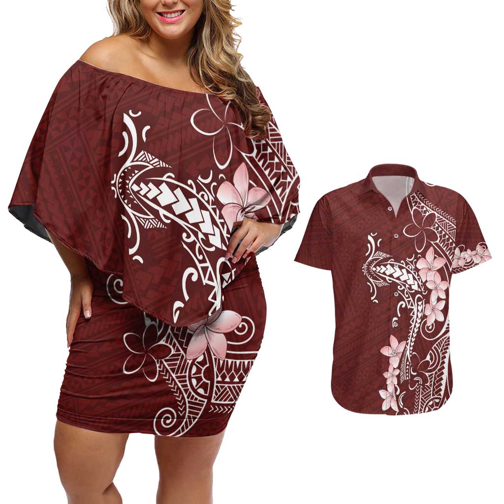 Oxblood Hawaii Couples Matching Off Shoulder Short Dress and Hawaiian Shirt Hammerhead Shark Tattoo Curve Polynesian - Polynesian Pride