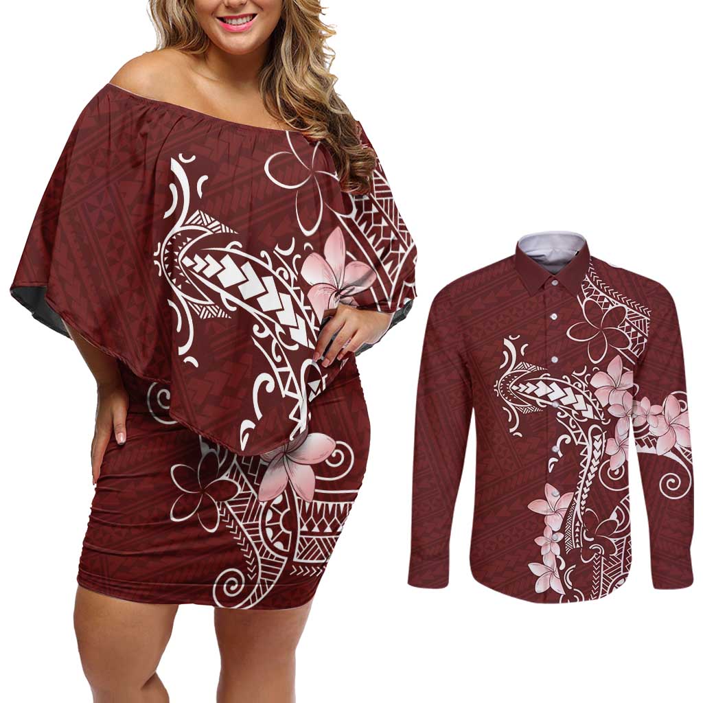 Oxblood Hawaii Couples Matching Off Shoulder Short Dress and Long Sleeve Button Shirt Hammerhead Shark Tattoo Curve Polynesian - Polynesian Pride
