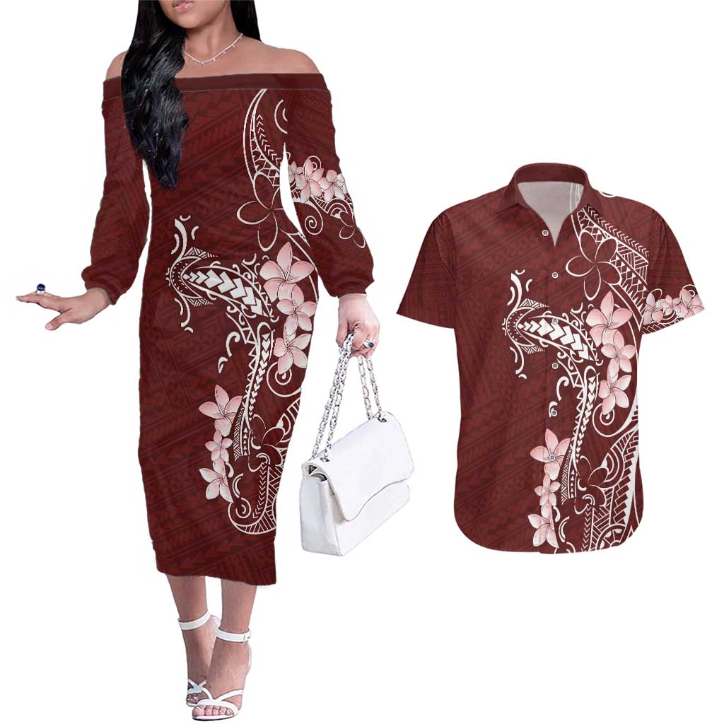 Oxblood Hawaii Couples Matching Off The Shoulder Long Sleeve Dress and Hawaiian Shirt Hammerhead Shark Tattoo Curve Polynesian - Polynesian Pride