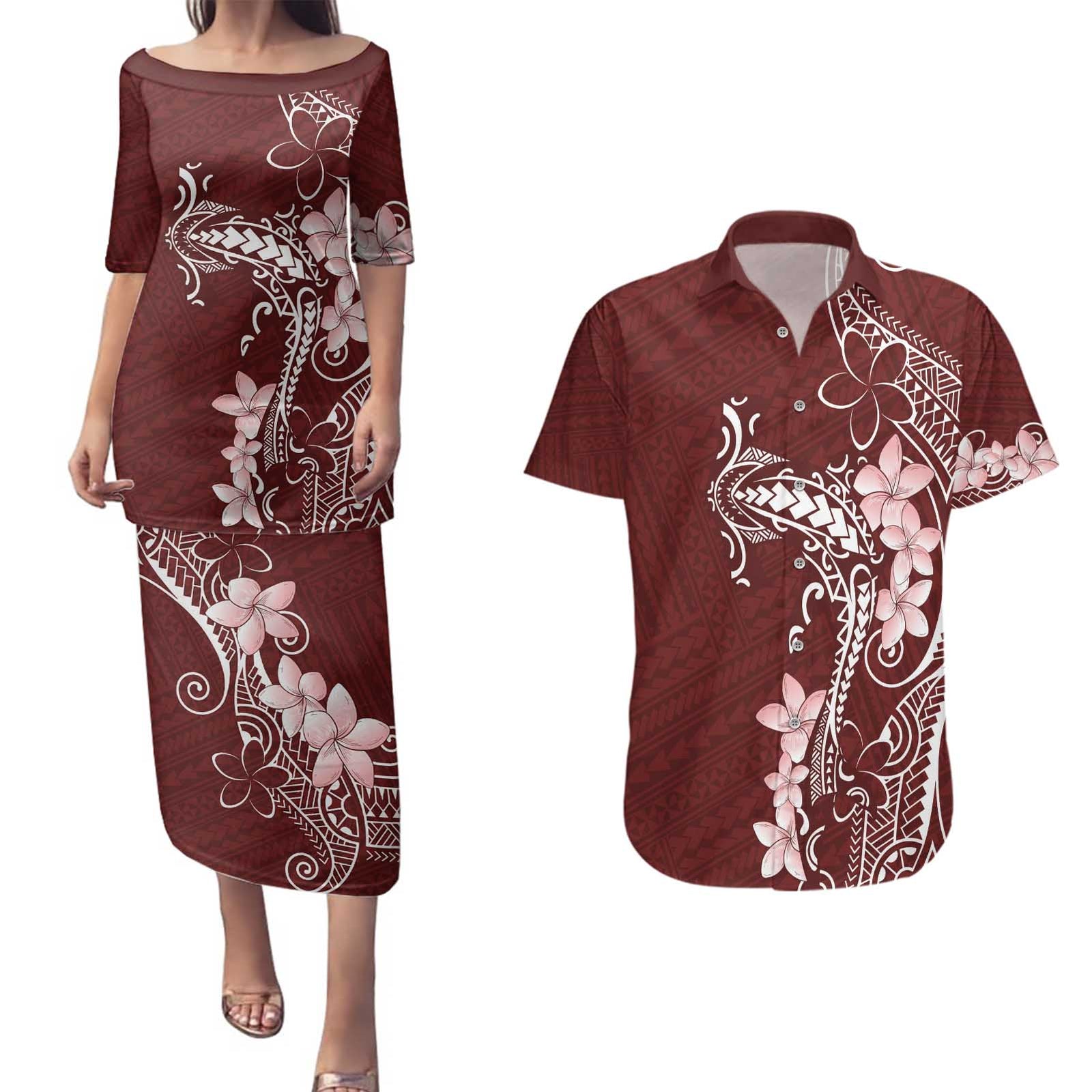 Oxblood Hawaii Couples Matching Puletasi and Hawaiian Shirt Hammerhead Shark Tattoo Curve Polynesian - Polynesian Pride