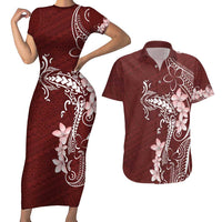 Oxblood Hawaii Couples Matching Short Sleeve Bodycon Dress and Hawaiian Shirt Hammerhead Shark Tattoo Curve Polynesian - Polynesian Pride