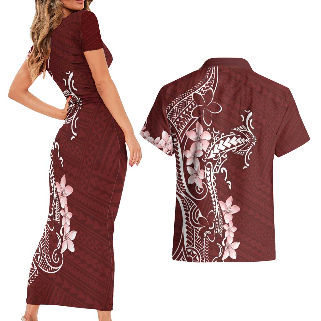 Oxblood Hawaii Couples Matching Short Sleeve Bodycon Dress and Hawaiian Shirt Hammerhead Shark Tattoo Curve Polynesian - Polynesian Pride