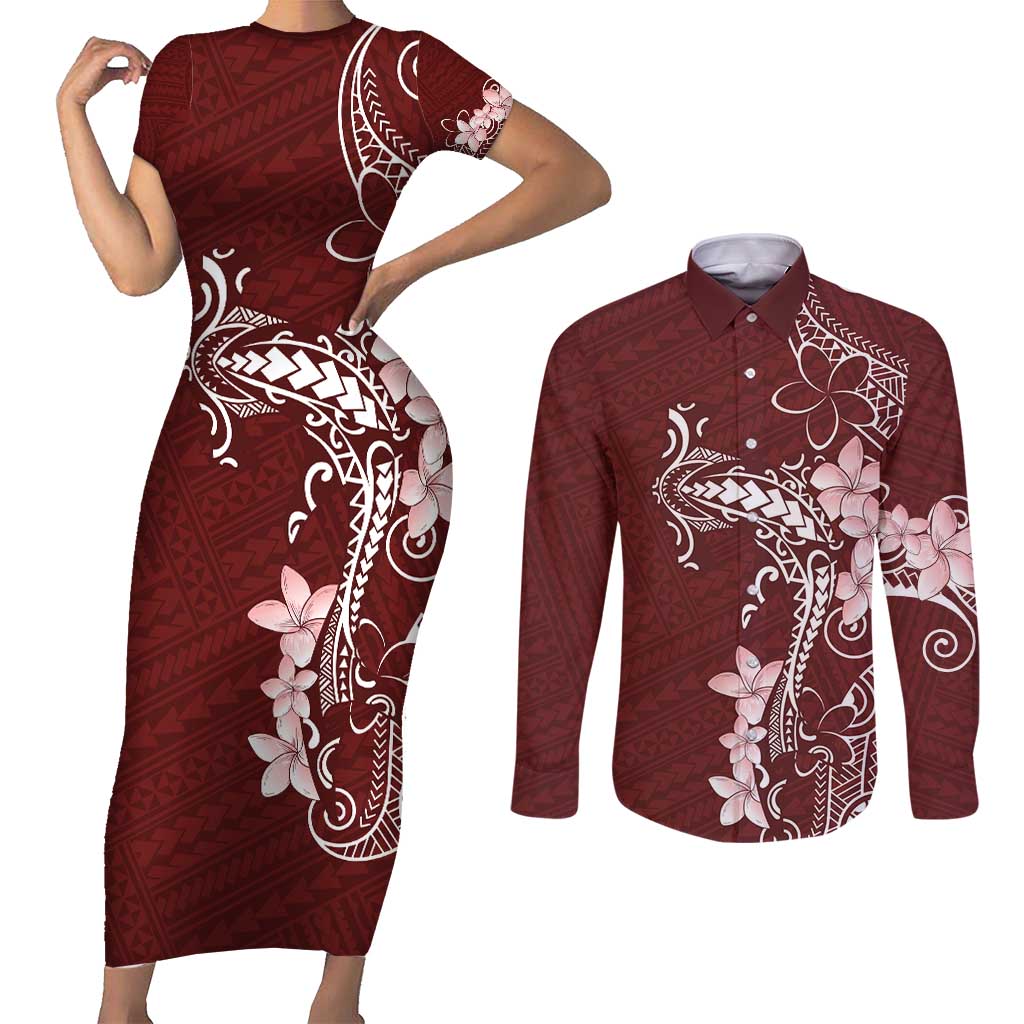 Oxblood Hawaii Couples Matching Short Sleeve Bodycon Dress and Long Sleeve Button Shirt Hammerhead Shark Tattoo Curve Polynesian - Polynesian Pride