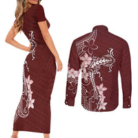 Oxblood Hawaii Couples Matching Short Sleeve Bodycon Dress and Long Sleeve Button Shirt Hammerhead Shark Tattoo Curve Polynesian - Polynesian Pride
