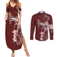 Oxblood Hawaii Couples Matching Summer Maxi Dress and Long Sleeve Button Shirt Hammerhead Shark Tattoo Curve Polynesian - Polynesian Pride