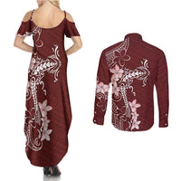Oxblood Hawaii Couples Matching Summer Maxi Dress and Long Sleeve Button Shirt Hammerhead Shark Tattoo Curve Polynesian - Polynesian Pride
