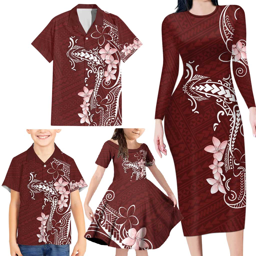 Oxblood Hawaii Family Matching Long Sleeve Bodycon Dress and Hawaiian Shirt Hammerhead Shark Tattoo Curve Polynesian - Polynesian Pride