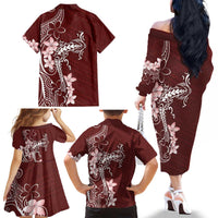 Oxblood Hawaii Family Matching Off The Shoulder Long Sleeve Dress and Hawaiian Shirt Hammerhead Shark Tattoo Curve Polynesian - Polynesian Pride