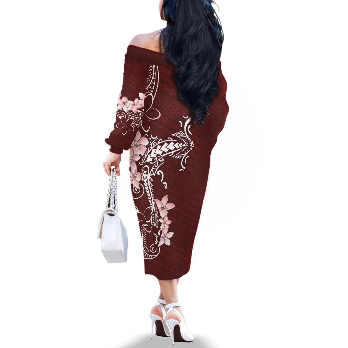 Oxblood Hawaii Family Matching Off The Shoulder Long Sleeve Dress and Hawaiian Shirt Hammerhead Shark Tattoo Curve Polynesian - Polynesian Pride