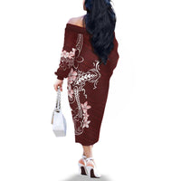 Oxblood Hawaii Family Matching Off The Shoulder Long Sleeve Dress and Hawaiian Shirt Hammerhead Shark Tattoo Curve Polynesian - Polynesian Pride