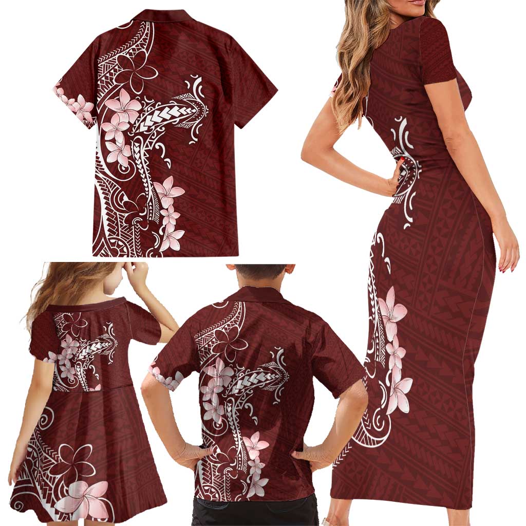 Oxblood Hawaii Family Matching Short Sleeve Bodycon Dress and Hawaiian Shirt Hammerhead Shark Tattoo Curve Polynesian - Polynesian Pride