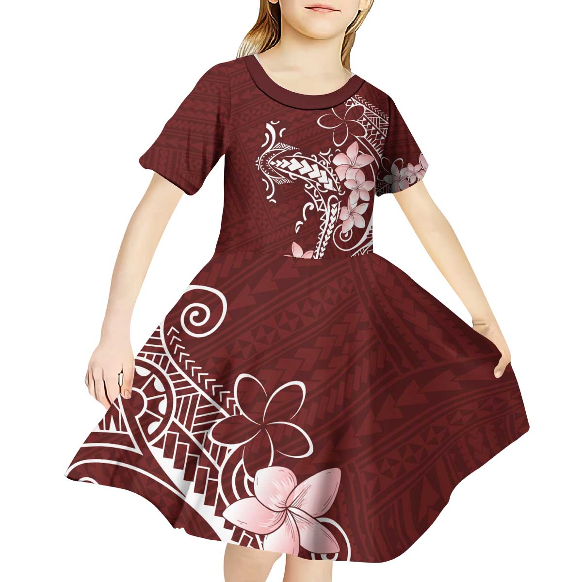 Oxblood Hawaii Kid Short Sleeve Dress Hammerhead Shark Tattoo Curve Polynesian - Polynesian Pride