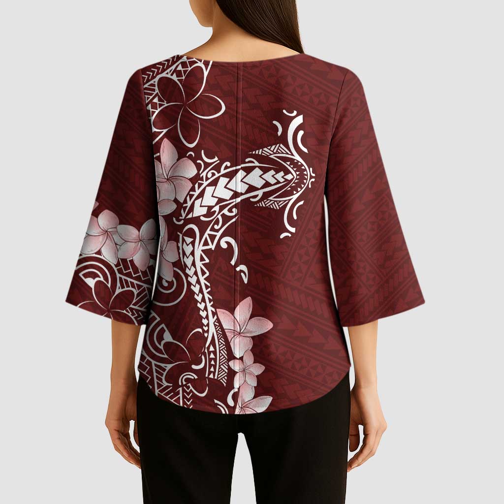 Oxblood Hawaii Kimono Sleeve Blouse Hammerhead Shark Tattoo Curve Polynesian - Polynesian Pride