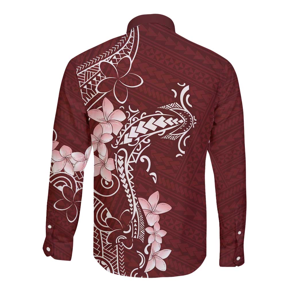 Oxblood Hawaii Long Sleeve Button Shirt Hammerhead Shark Tattoo Curve Polynesian - Polynesian Pride
