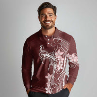 Oxblood Hawaii Long Sleeve Polo Shirt Hammerhead Shark Tattoo Curve Polynesian - Polynesian Pride
