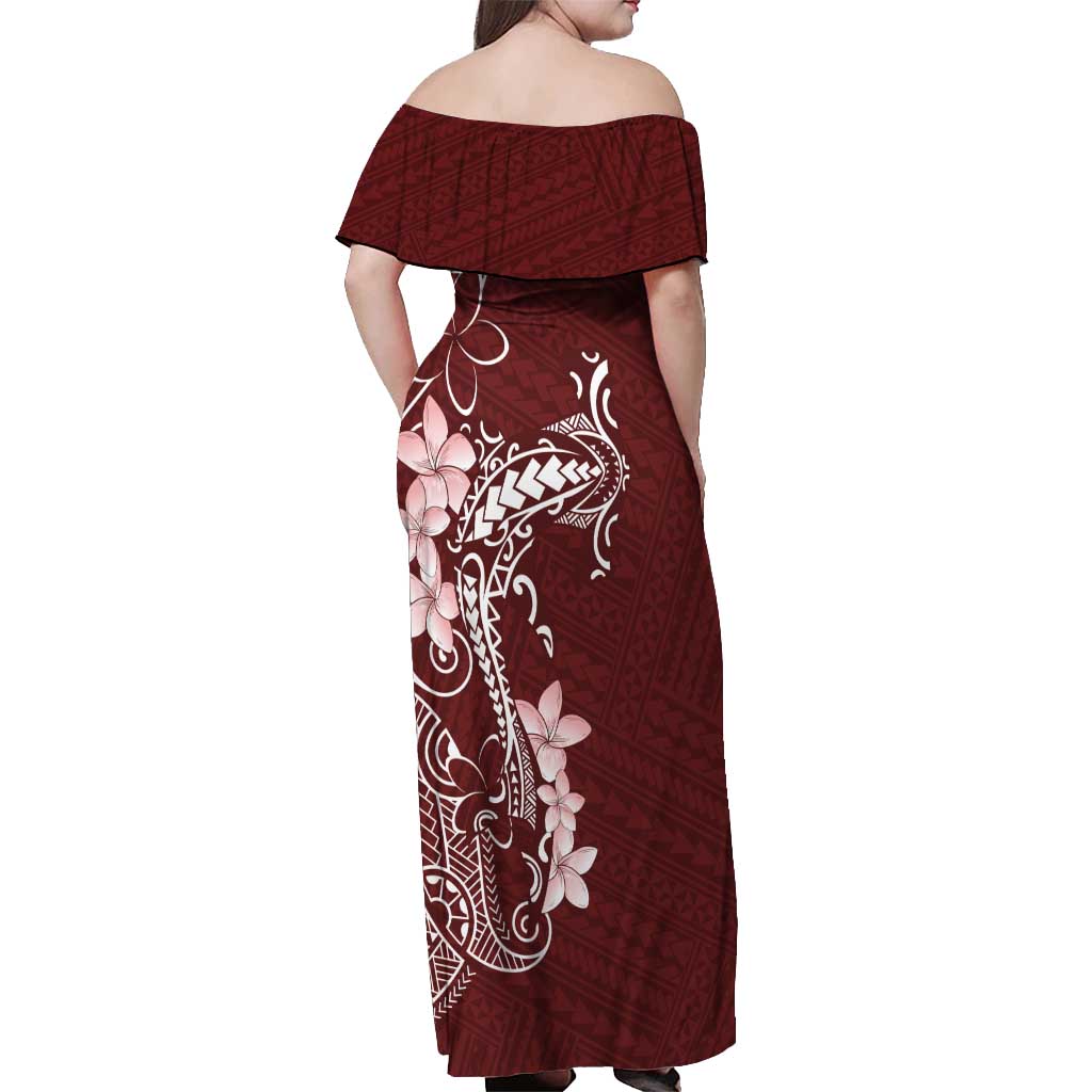 Oxblood Hawaii Off Shoulder Maxi Dress Hammerhead Shark Tattoo Curve Polynesian - Polynesian Pride