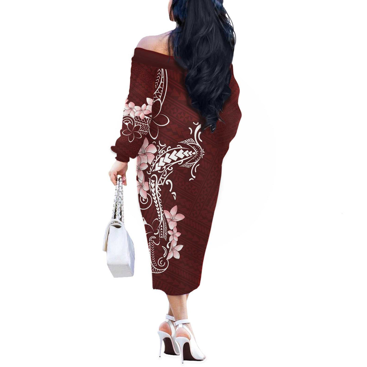 Oxblood Hawaii Off The Shoulder Long Sleeve Dress Hammerhead Shark Tattoo Curve Polynesian - Polynesian Pride