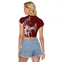 Oxblood Hawaii Raglan Cropped T Shirt Hammerhead Shark Tattoo Curve Polynesian - Polynesian Pride