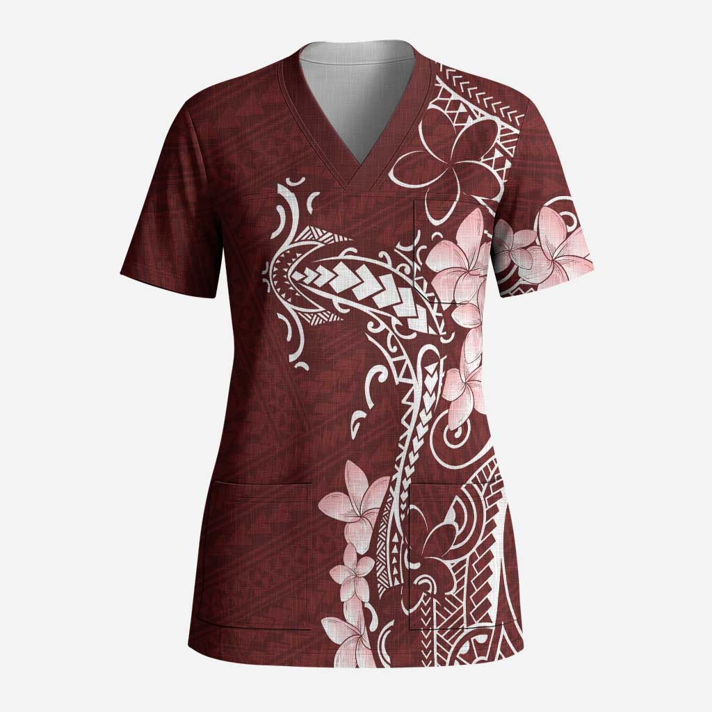 Oxblood Hawaii Scrub Top Hammerhead Shark Tattoo Curve Polynesian - Polynesian Pride