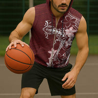 Oxblood Hawaii Sleeveless Zip Hoodie Hammerhead Shark Tattoo Curve Polynesian - Polynesian Pride